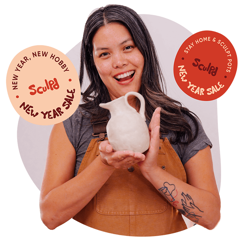 Woman holding a clay Sculpd Pottery Kit vase jug with overlaid text: New Year, New Hobby Sculpd New Year Sale 2025
