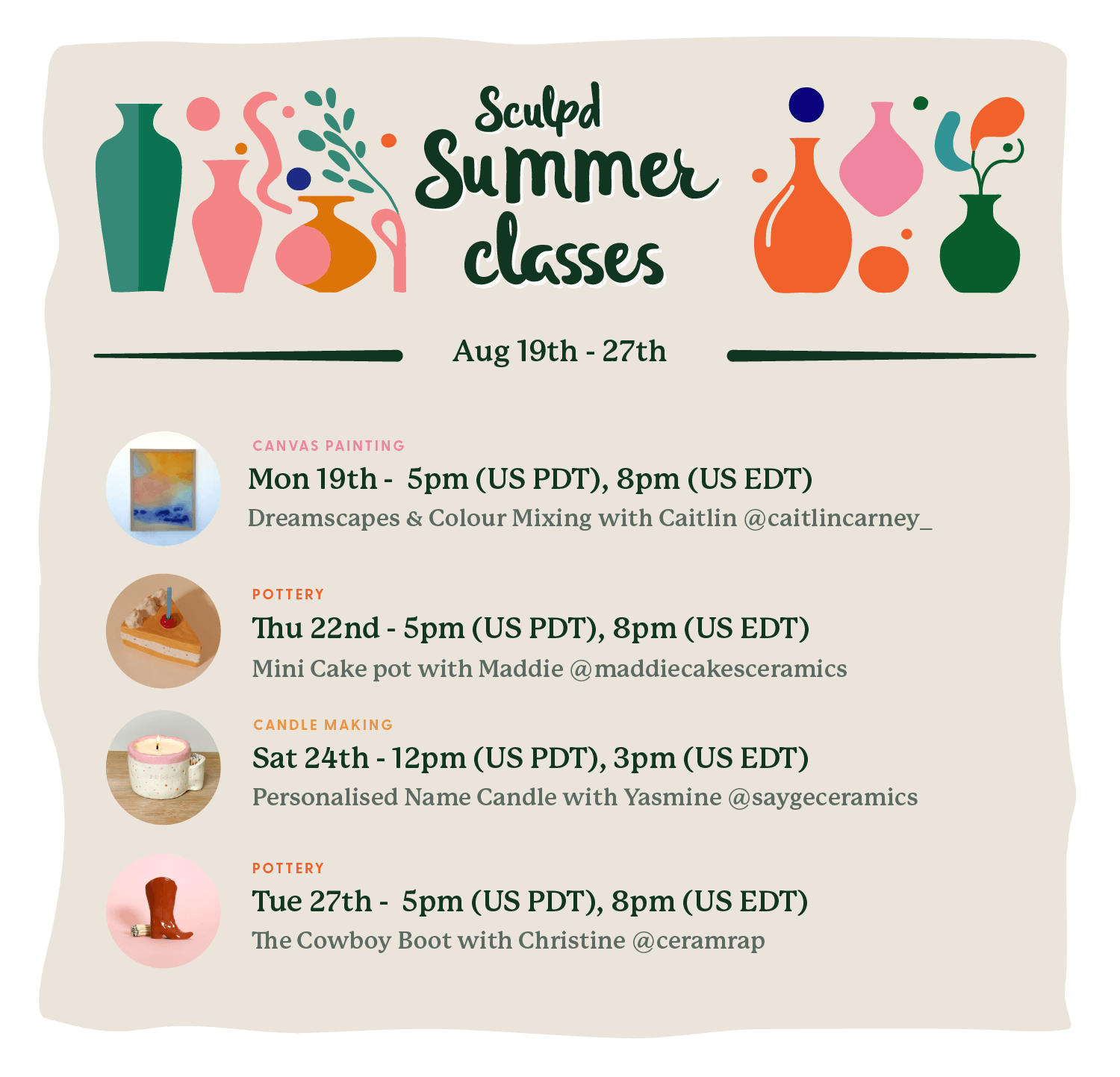 Sculpd Summer Classes schedule featuring canvas painting, pottery, and candle making workshops